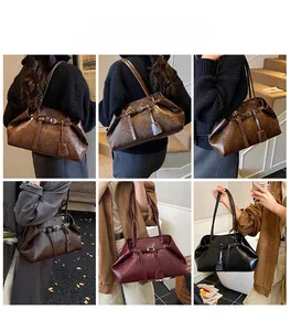 Collage of model wearing vintage oil wax leather tote bag in brown, red and black colors