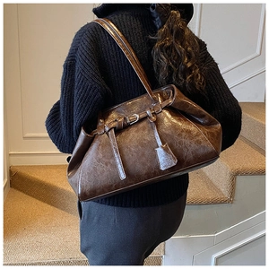 Brown retro glossy tote bag with dual straps showing natural texture and large capacity