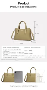 Olive green tote bag dimensions 32x22.5x12.5cm showing internal pockets and adjustable strap