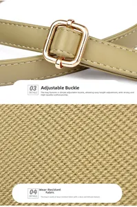 Detail of adjustable khaki shoulder strap with gold buckle and twill fabric texture