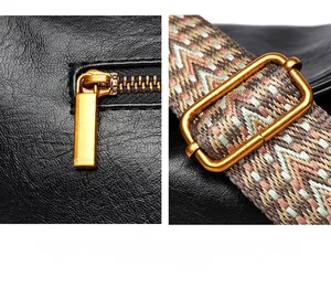 Détails du cuir grainé noir, de la fermeture dorée et de la bandoulière jacquard colorée