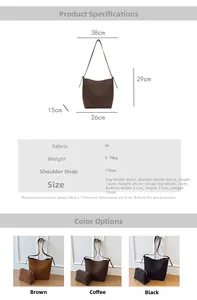 Detailed size specifications and color options for the large PU leather bucket bag