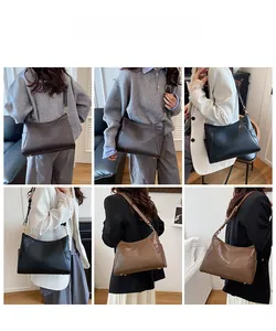 Detail view of stylish matte leather shoulder bags in black, dark brown, and tan colors