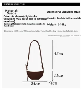 Tabella taglie dettagliata per borsa a mezzaluna in camoscio sintetico con dimensioni