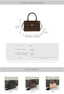Detailed size specifications and color options for the croc-patterned leather crossbody bag