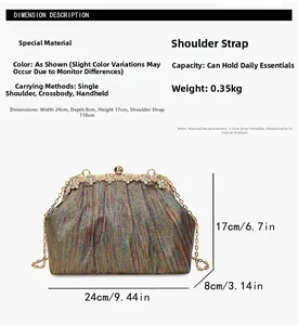 Detailed size chart for iridescent sequin evening clutch with gold floral clasp