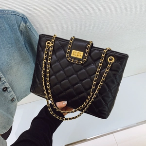 Sac À Épaule Matelassé Femmes Cuir PU Chaîne Dorée Fermoir Rotatif Grande Capacité Vintage Élégant Mode Tote