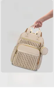 Macro view of lightweight quilted fashion backpack with detachable round coin purse