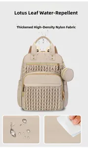 Detail of waterproof quilted nylon fabric on a stylish cream multifunctional backpack