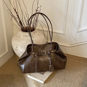 Retro deep brown large capacity underarm bag with decorative buckle and smooth leather finish