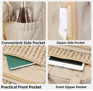 Detailed views of beige quilted backpack with side tissue pocket and tablet storage