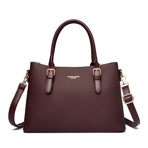 Burgundy cross-textured PU leather tote bag with gold hardware and dual handles