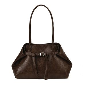 Retro dark brown leather underarm bag with stylish double straps and metal buckle