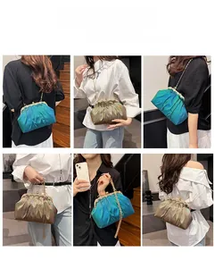 Detail view of metallic pleated evening bag showing crossbody and shoulder carry styles