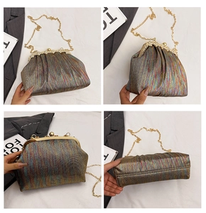 Detailed close-up showing iridescent pleated fabric and golden chain of this evening bag