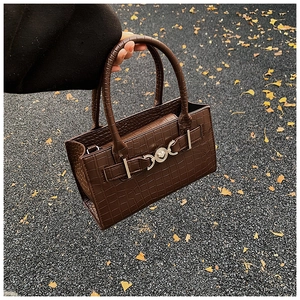 Detail of dark brown crocodile pattern handbag with metal buckle on autumn leaf background