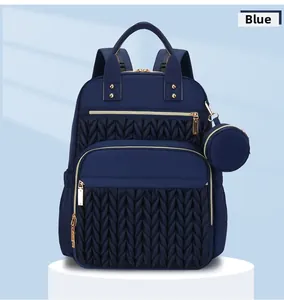 Detail of navy blue quilted backpack featuring golden zippers and a round coin purse charm