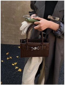 Detail of dark brown crocodile embossed texture on a chic handbag with silver buckle