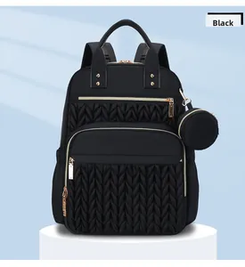 Detail of black quilted nylon backpack with wave stitching and gold plated zippers