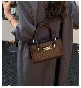 Macro detail of brown crocodile embossed leather kelly bag with gold buckle on blazer