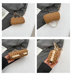 Detailed views of a brown polka dot mini handbag with gold hardware and rhinestone clasp