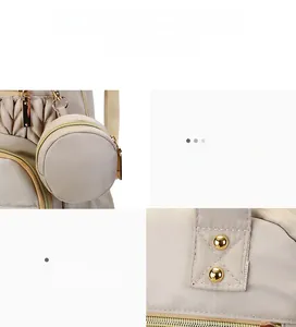 Close-up of quilted nylon fabric and mini round pendant bag on beige backpack