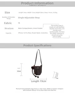 Detailed view of brown faux suede bucket bag with size dimensions and strap structure
