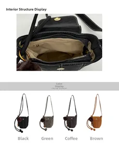 Detail view of suede bucket bag interior with zipper pocket and four color display