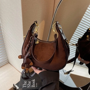Vintage Suede PU Leather Crescent Hobo Bag Retro Matte Half Moon Shoulder Bag With Bear Charm For Women