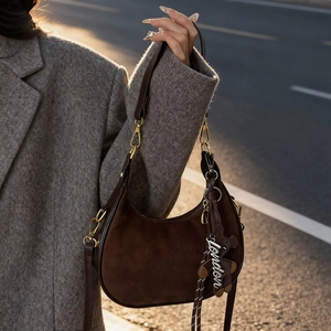 Vintage brown suede hobo bag with teddy bear pendant and dual straps for women