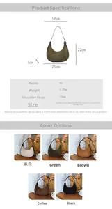 Detailed chart showing PU crescent bag dimensions, weight, and five color options
