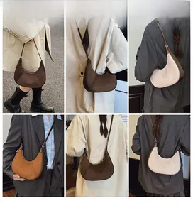 Collage of model wearing vintage hobo bag in dark brown, caramel, and beige suede