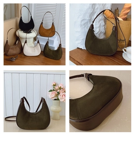Detail view showing suede texture, contrast piping, and five color options for the hobo bag