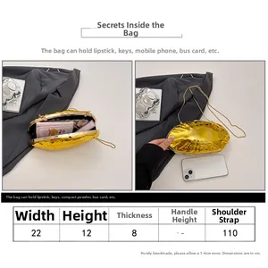 Detailed dimension chart for gold acrylic clutch bag with pearl and chain strap specs