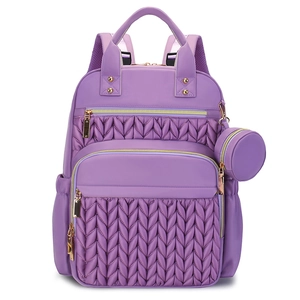 Fashionable purple quilted backpack with gold zippers and detachable round coin purse charm