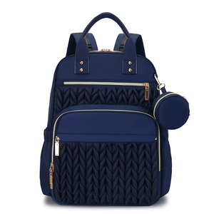 Quilted dark blue nylon backpack for women with gold zippers and matching mini pouch