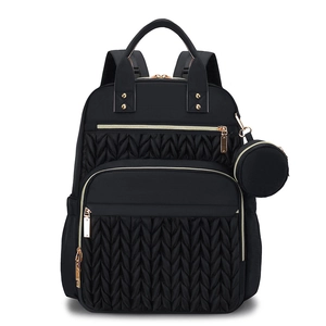Black quilted backpack for women with large capacity, gold zippers and round coin purse
