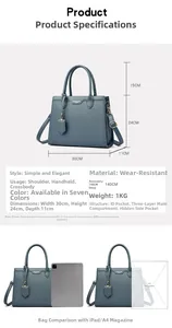 Blue tote bag dimensions and multi-pocket internal structure layout with size comparison