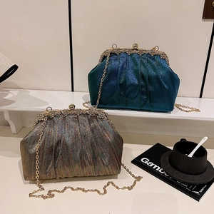 Vintage Pleated Sequin Evening Bag Rhinestone Flower Clutches With Detachable Gold Chain Strap For Women Party Formal