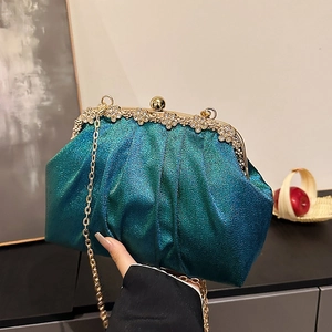 Peacock green sequin evening clutch bag with gold chain and rhinestone crystal frame