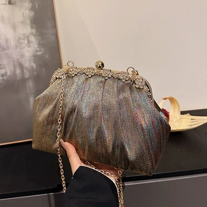 Elegant metallic woven cloud clutch with crystal flower top and golden chain strap