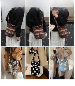 Collage of plush large capacity tote bags in ethnic, leopard, and polka dot patterns