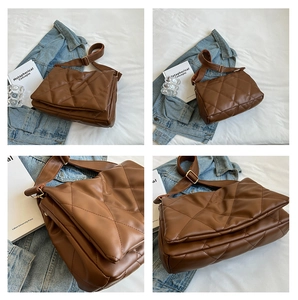 Detailed views of brown quilted shoulder bag with diamond pattern and adjustable strap