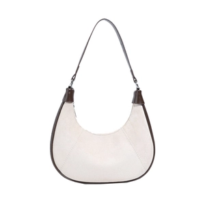 Retro cream suede hobo bag with dark brown leather trim and slim shoulder strap