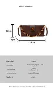 Detailed parameter chart showing brown suede quilted bag size and strap dimensions