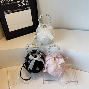 Women Spherical Plush Handbag With Beaded Handle And Satin Bow Sweet Fashion Faux Fur Crossbody Ball Bag