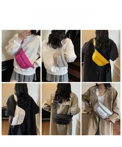 Multi-angle views of women's fanny packs in vibrant colors with wide straps