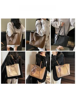 Detail shots of large tote bag with silk scarf accessory in multiple color variants