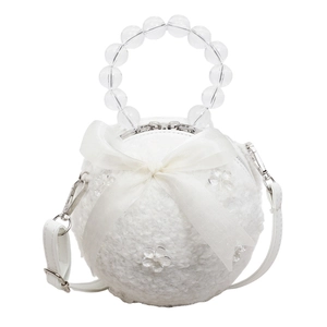 Mini white faux fur spherical handbag with silk bow and transparent beaded handle
