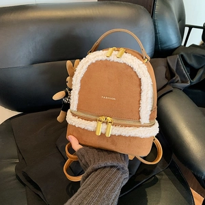 Mini plush brown faux fur backpack with gold zippers and cute rabbit pendant charm